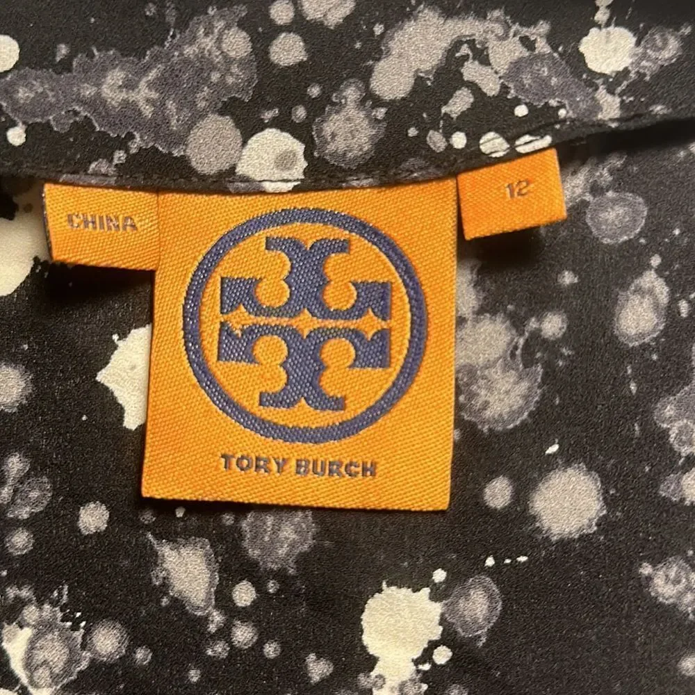 Tory Burch Rebecca Paint Splatter Front Zipper Closure Silk Ruffle Blouse